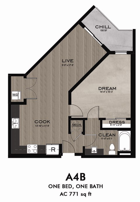 Floor plan for 1 bed, 1 bath, 771 sqft